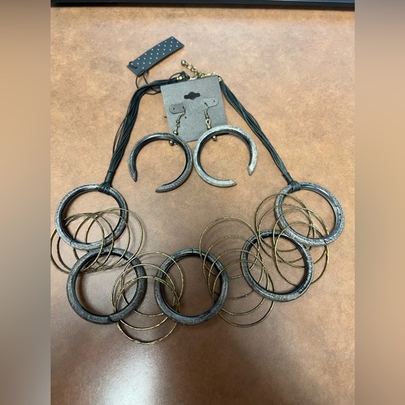 Jewelry - Black and Gold Hoop Necklace with earrings-Contemporary, statement piece